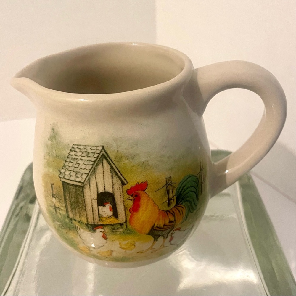 Vintage Rooster& Chickens Stoneware Jug Creamer Farmhouse 
Style Kitchen Cottage